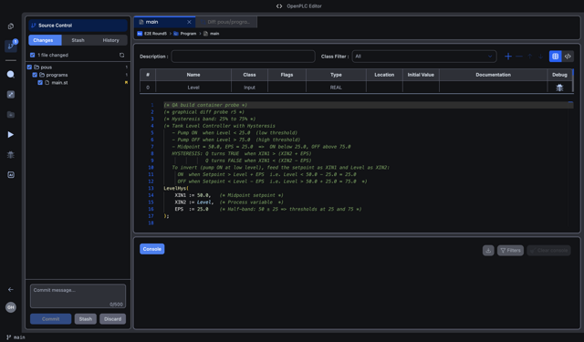 Official dark-theme editor example with structured text and source control.