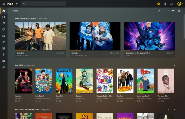 Official Plex 2019 desktop home-screen screenshot; historical interface, not the current catalog build.