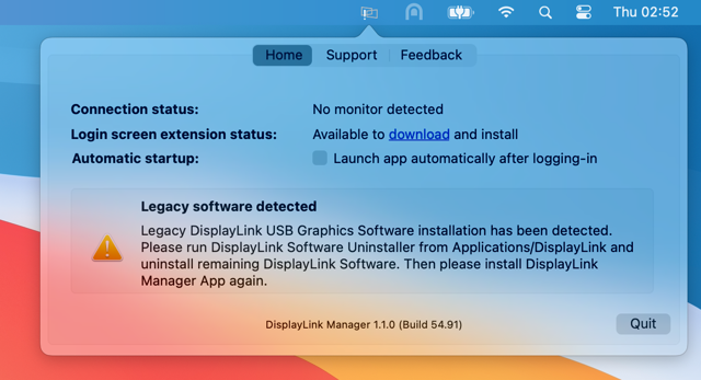 Official historical DisplayLink Manager 1.1.0 Mac status and legacy-driver warning; not current 17.0 UI.