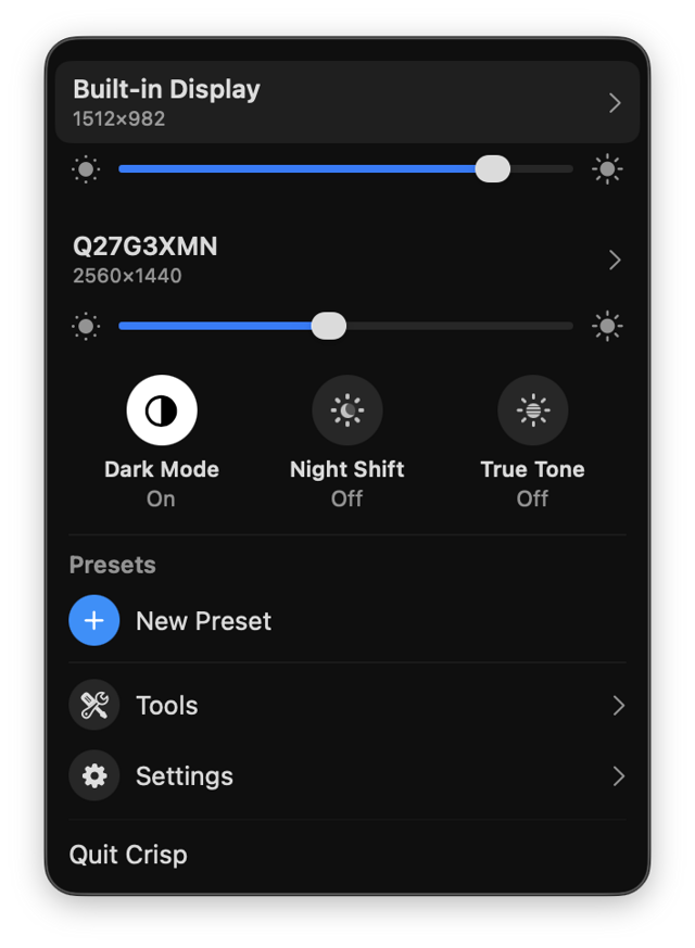 Official Crisp menu-bar panel screenshot from the publisher website; exact pictured build unspecified.