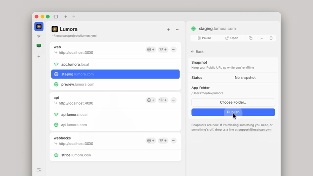 Official Mac preview showing an example project, public URLs and snapshot publishing.