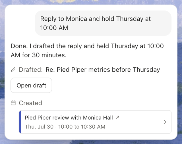 Drafting a reply and scheduling a meeting — official website interface demo screenshot