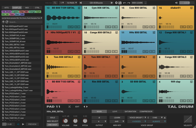 Prévia oficial do TAL-Drum com navegador de samples e 16 pads de bateria.