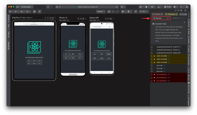 Sizzy Mac devices and console: historical official guide screenshot with a sample React project and logs
