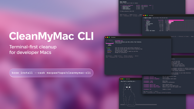Official CleanMyMac CLI terminal workflow preview from the MacPaw README; not the desktop GUI.