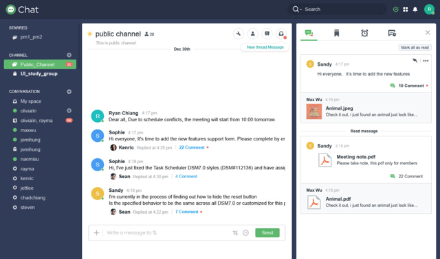 Channels, threads, and message management — interface example from the official Synology Chat product page