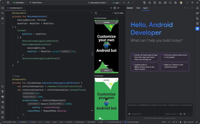 Official IDE example: edit Kotlin, preview Compose interfaces, and use the optional AI agent panel.