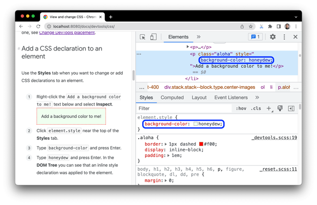 Редактирование CSS в Chrome DevTools для macOS из общего официального урока (прежний интерфейс)