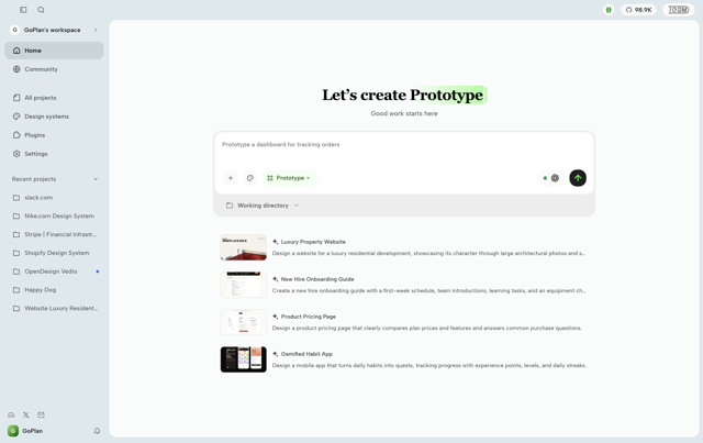 Official OpenDesign Home workspace screenshot dated September 30, 2026; application build unspecified.