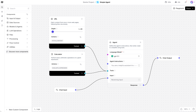 Official flow-editor screenshot of a simple agent connected to tools and chat components.
