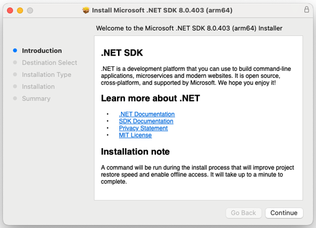 Official Mac installation guide example showing the .NET SDK 8.0.403 ARM64 installer, not SDK 8.0.425.