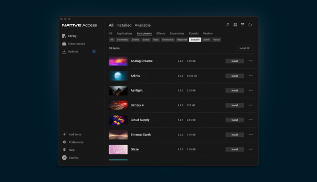 Official Mac preview of the instrument library with filters and installation controls.