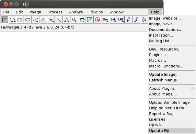 Historical Linux Fiji toolbar and Update Fiji menu from the official guide.