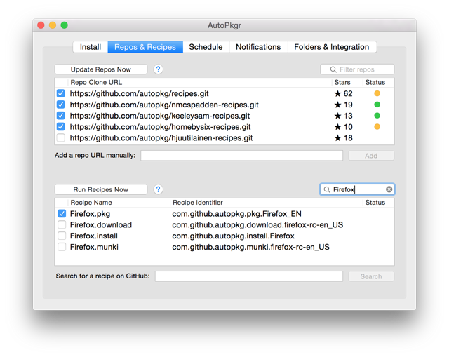 Repositorios y recetas de AutoPkgr — ejemplo de la documentación oficial