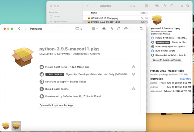 Historical macOS Finder windows with Suspicious Package previews of Python 3.9.5; app version not shown.