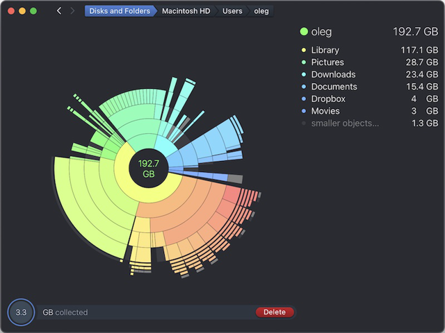 Exemplo do site oficial do DaisyDisk de um gráfico radial de uso do disco e uma coleção para exclusão; versão do aplicativo não especificada.