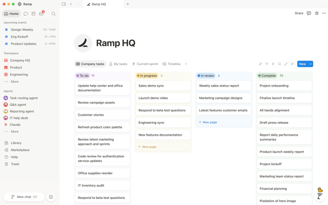 Official Mac desktop example: Ramp HQ workspace with company-task board and sidebar; not a build-specific capture.