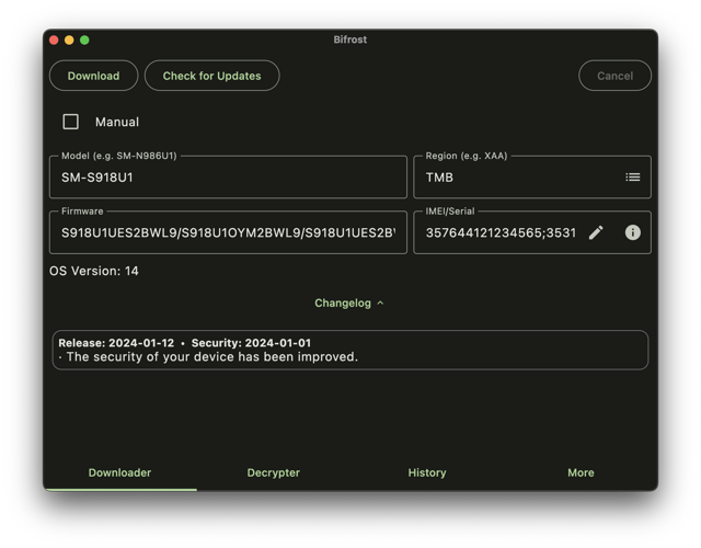 Official macOS preview of the firmware downloader and update details.