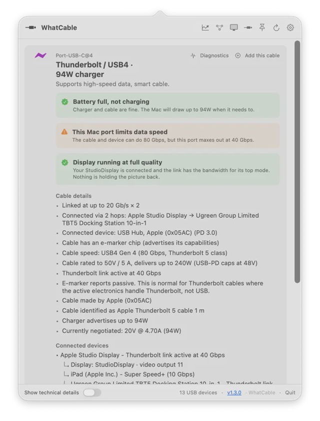 Official WhatCable1.3.0 menu-bar popover showing cable/link/charging diagnostics; not exact1.4.0.