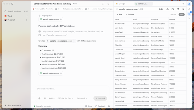 Official Mac preview showing an AI task and a CSV table with fictional customer data.