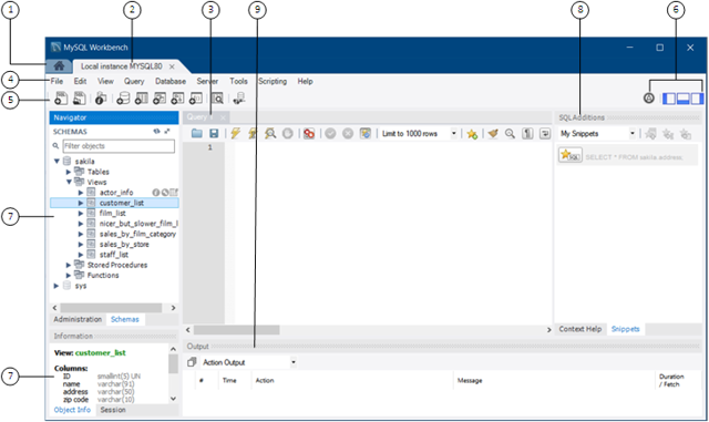 Official historical Windows SQL-editor documentation screenshot with numbered controls; the Mac interface differs.