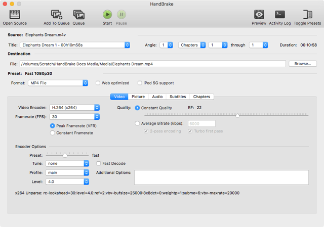 Official homepage screenshot of the earlier Mac interface, showing video encode settings; not a 1.11.2 capture.