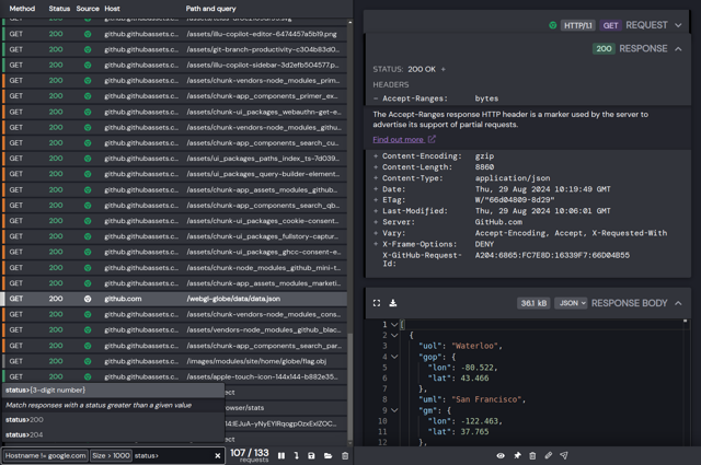Historical HTTP Toolkit traffic inspector: request filters and JSON response; platform/version unspecified.