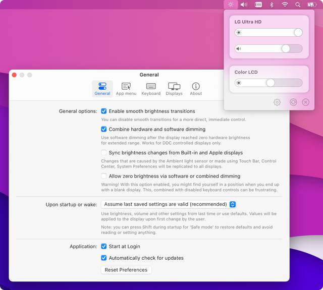 ディスプレイのスライダーと設定に関する公式の歴史的な macOS の例です。正確なキャプチャ バージョンは不明で、現在の 4.4.0 ではありません。