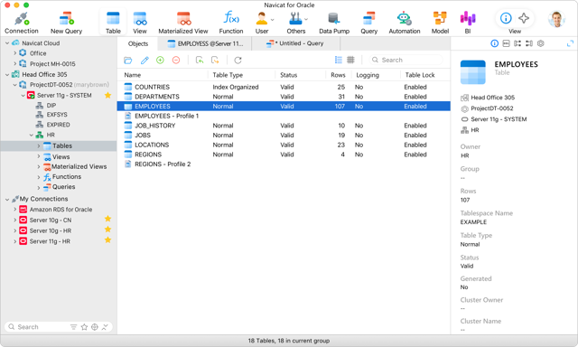 Navicat for Oracle Mac 主界面（官方示例）