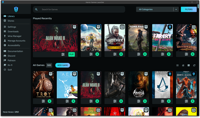 Official Heroic README Windows 2.11.0 library screenshot; not current Mac layout or a game compatibility promise.