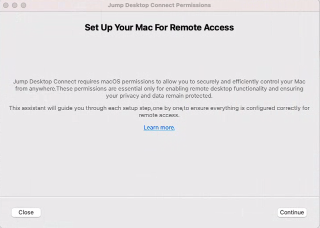 Official Jump Desktop Connect guide showing its Mac permissions assistant; not exact-build verified.