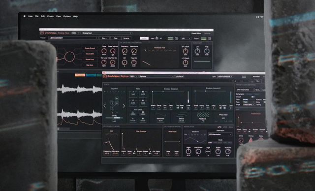 官方 Overbridge 2 展示：macOS 上的 Analog Heat 和 Digitone 插件界面。