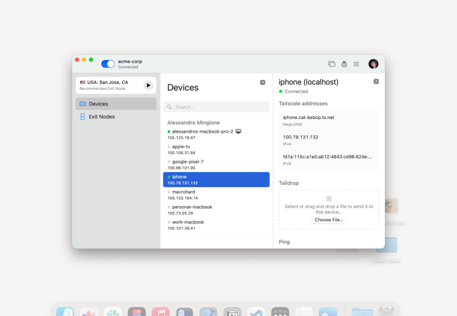 Official historical macOS windowed UI example: device details, addresses, and Taildrop file sharing.