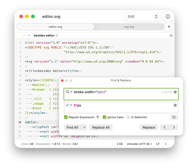 Official Mac screenshot showing SVG syntax highlighting and regular-expression replacement; exact version unspecified.