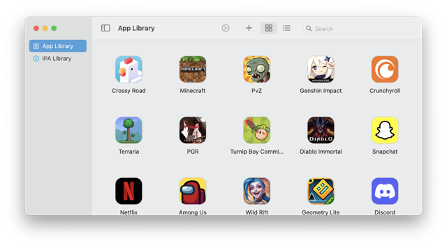 Imagen de la biblioteca de aplicaciones del README oficial de PlayCover; las aplicaciones mostradas no garantizan compatibilidad actual ni licencias.