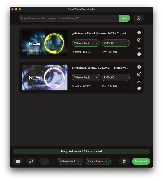 Open Video Downloader queue with macOS-style controls; exact app version unspecified.