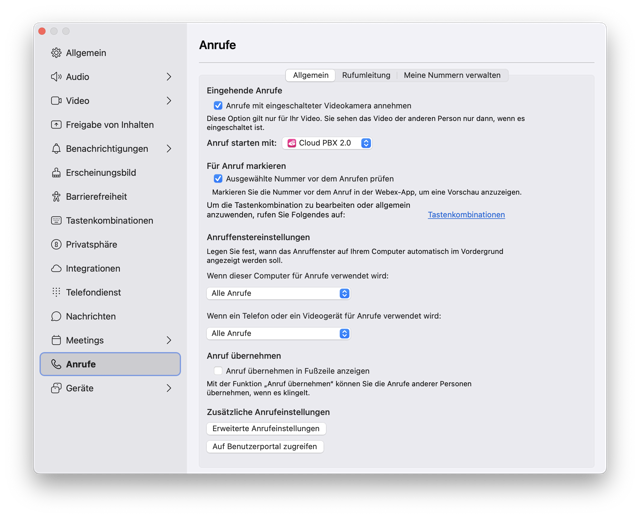 Official Cloud PBX 2.0 Mac call settings example, Oct 2026 guide; build unspecified, not a local test.