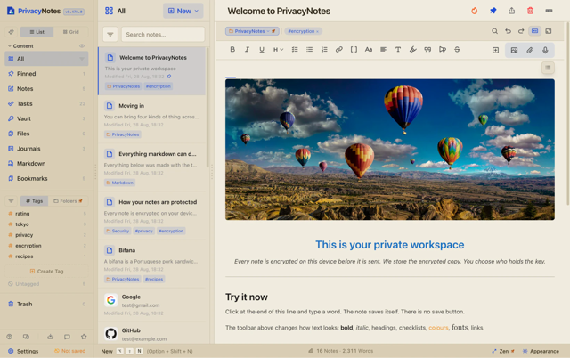 Official PrivacyNotes editor demonstration (v0.478.0); platform unspecified.