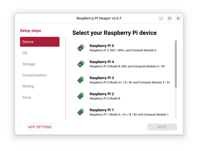 Official README image of version 2.0.7 device selection with Linux-style controls; not a current Mac screenshot.