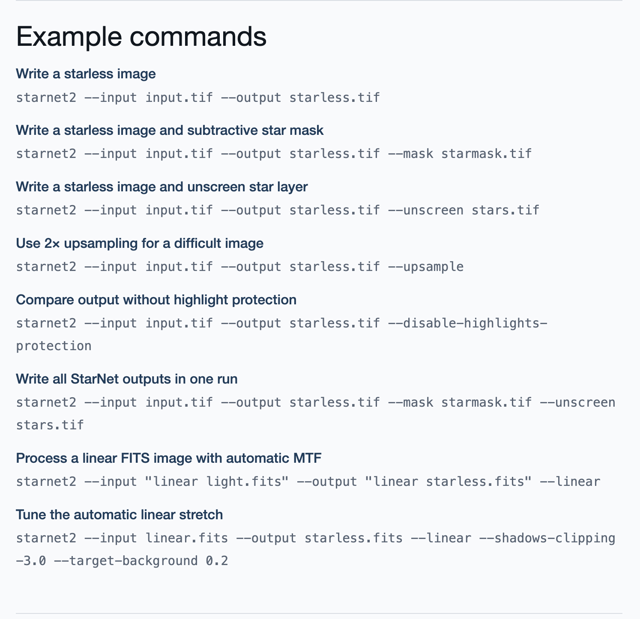 StarNet2 command-line examples — screenshot excerpt from the official operation documentation