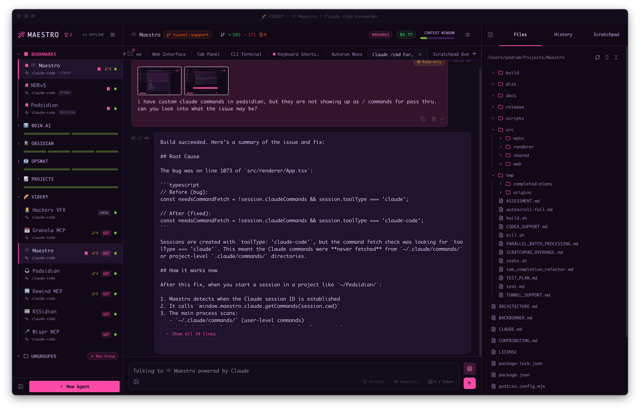 Captura de pantalla de la documentación oficial de Maestro que muestra conversaciones de agentes y archivos del proyecto; no se especifica la compilación mostrada.