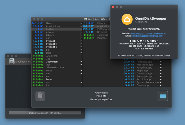 Captura de pantalla histórica oficial de OmniDiskSweeper1.12 para Mac que muestra archivos ordenados por tamaño y su panel Acerca de.