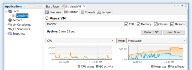 VisualVM Monitor crop: local CPU/GC and heap charts; host OS and exact app version unknown.