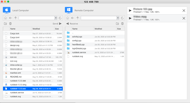 Historical official README example: file transfer from a Mac to Windows; not the current 1.5.0 interface.