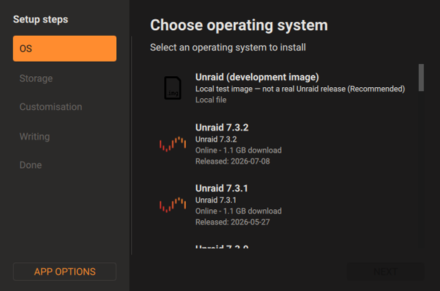 OS selection in the official Unraid USB Creator guide; shared UI example including a local development test image.