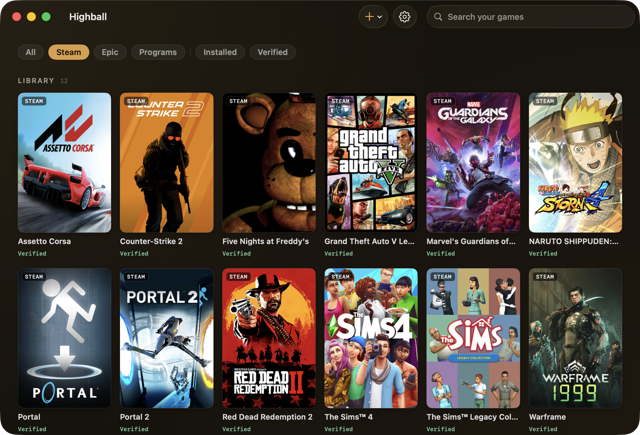 Official Highball Mac library under the Steam filter with compatibility verdicts; exact build unspecified.
