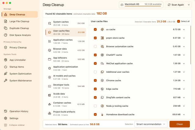 MangoDisk Deep Cleanup on Mac: official screenshot with sample scan results and storage values