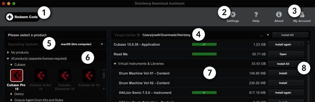 Guia de interface no macOS: exemplo anotado da documentação oficial do Steinberg Download Assistant