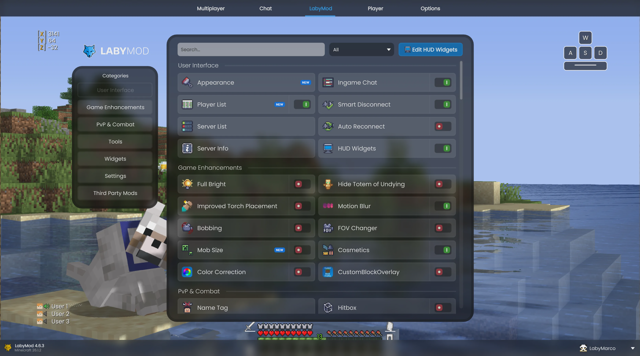 Official LabyMod settings preview with HUD and game enhancement controls.