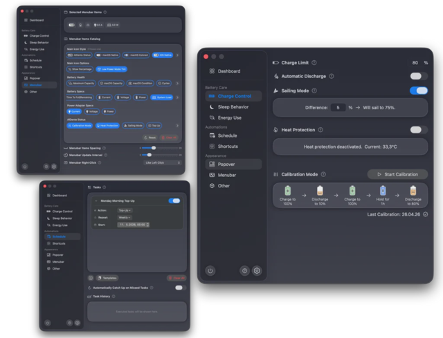 Official promotional Mac composition of AlDente Pro charge controls, menu-bar settings and scheduling.